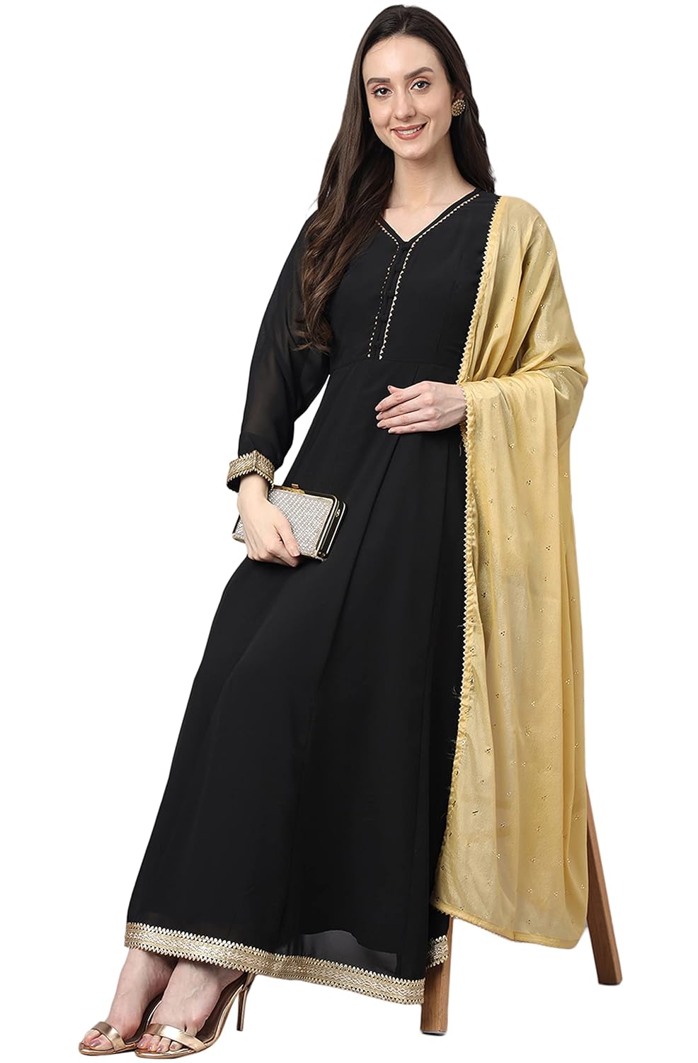 Janasya Women's Black Georgette Solid Kurta with Dupatta