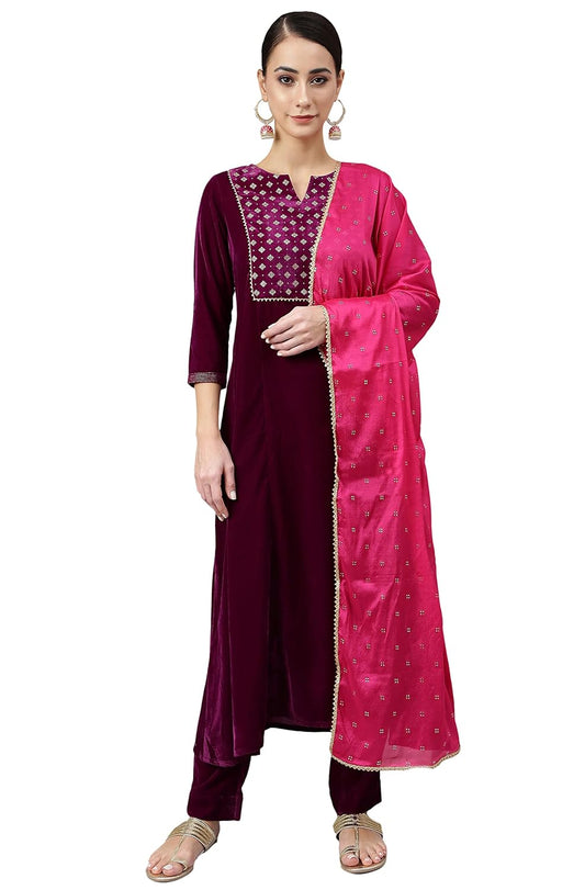 Janasya Women's Purple Velvet Solid Kurta with Pant and Dupatta