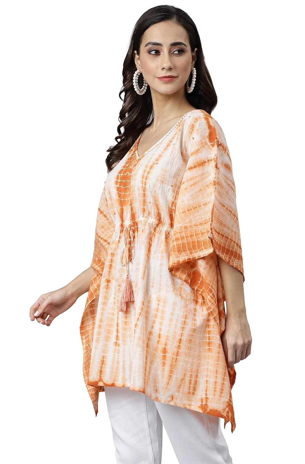 Janasya Women's Rust Cotton Tie dye Kaftan Kaftan Tunic