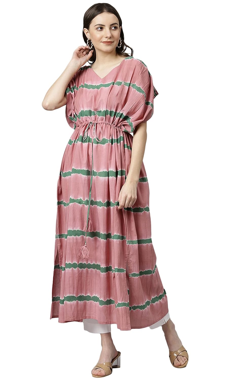 Janasya Women's Pink Cotton Kaftan