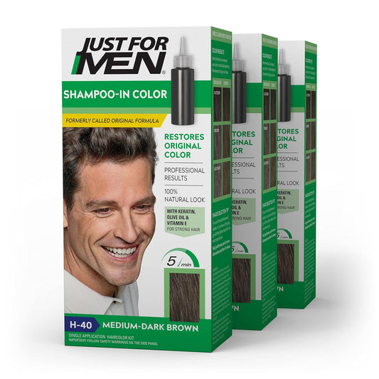 Just For Men Shampoo-In Color (Formerly Original Formula), Mens Hair Color with Keratin and Vitamin E for Stronger Hair - Medium-Dark Brown, H-40, Pack of 3