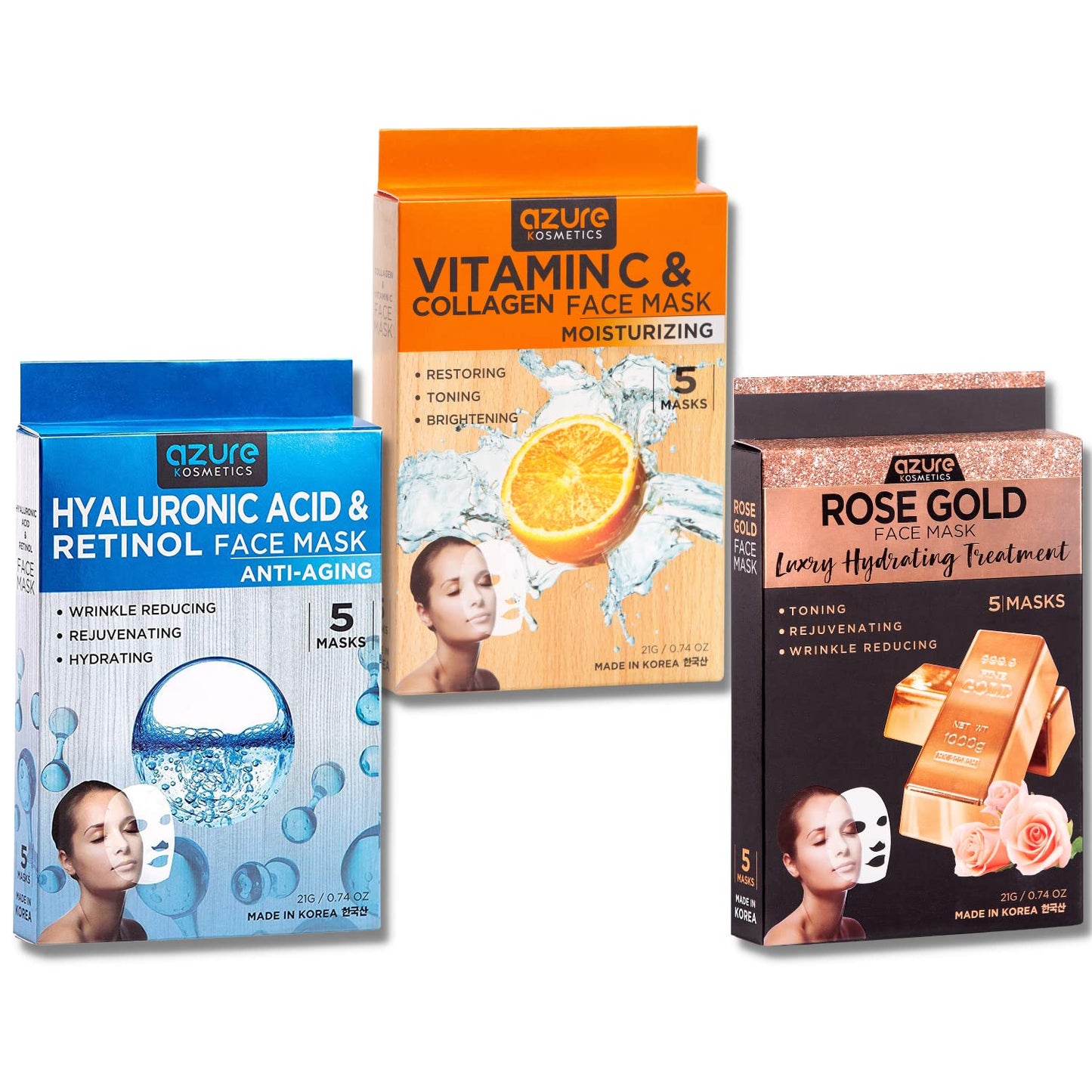 Azure Sheet Masks Value Set - Hyaluronic Acid & Retinol Anti Aging Facial Mask (5 Masks), Vitamin C & Collagen Moisturizing Facial Mask (5 Masks), Rose Gold Luxury Hydrating Face Mask (5 Masks)