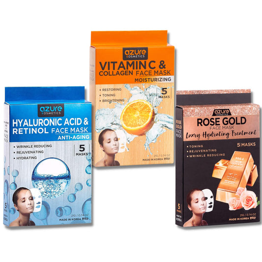 Azure Sheet Masks Value Set - Hyaluronic Acid & Retinol Anti Aging Facial Mask (5 Masks), Vitamin C & Collagen Moisturizing Facial Mask (5 Masks), Rose Gold Luxury Hydrating Face Mask (5 Masks)