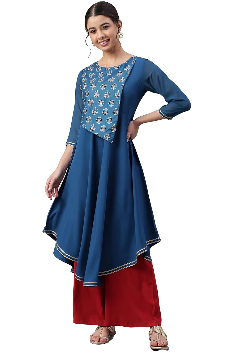 Janasya Women's Teal Poly Crepe Digital Print Flared Kurta