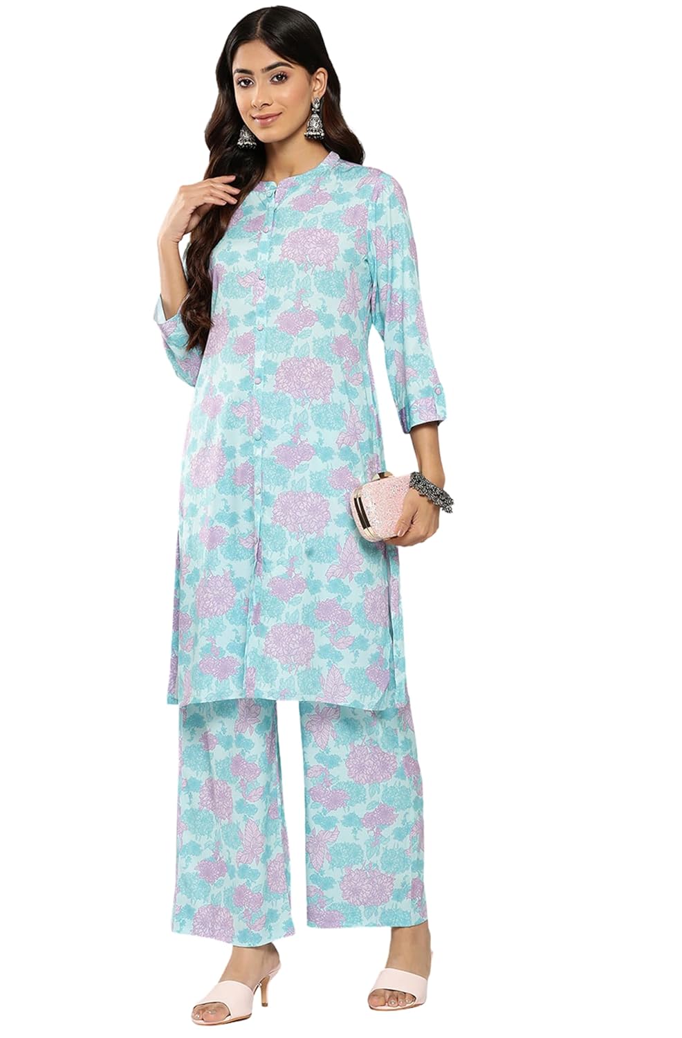 Janasya Women's Sky Blue Crepe Digital Printed Co-ords Set