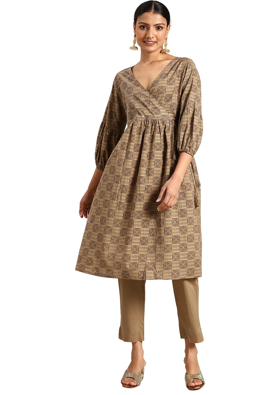 Janasya Women's Brown Cotton Ethnic Motifs Foil Printed Kurta with Pant