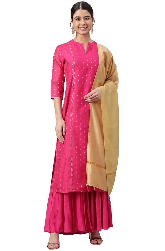 Janasya Women's Pink Chanderi Silk Woven Kurta with Sharara and Dupatta