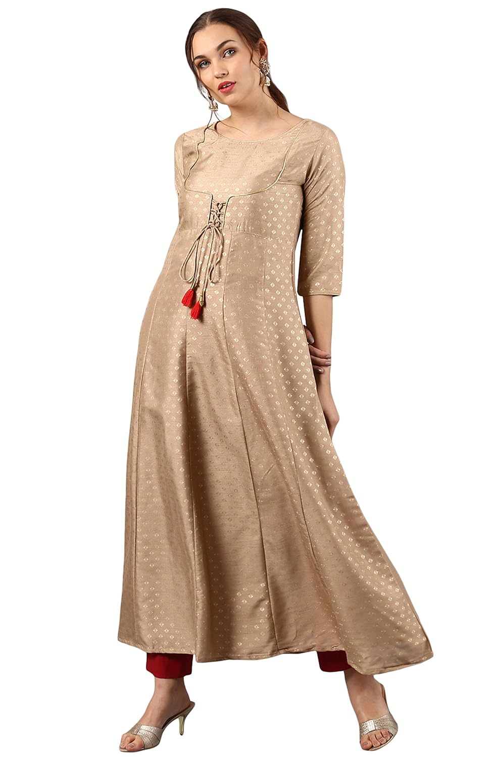 Janasya Women's Poly Silk Anarkali Kurta Beige