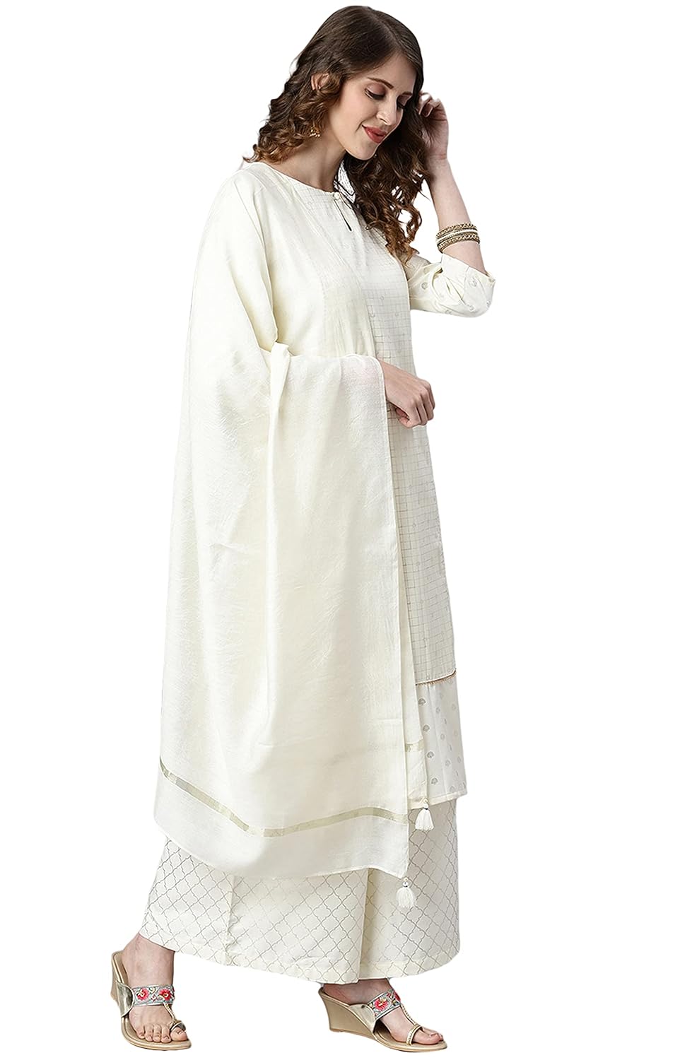 Janasya Women's Off- White and Silver Poly Silk Kurta With Palazzo and Dupatta