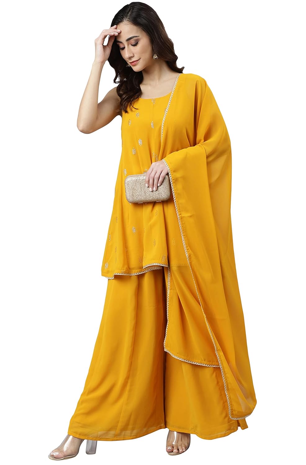 Janasya Women's Mustard Georgette Embossed Gold Print Kurta with Sharara and Dupatta