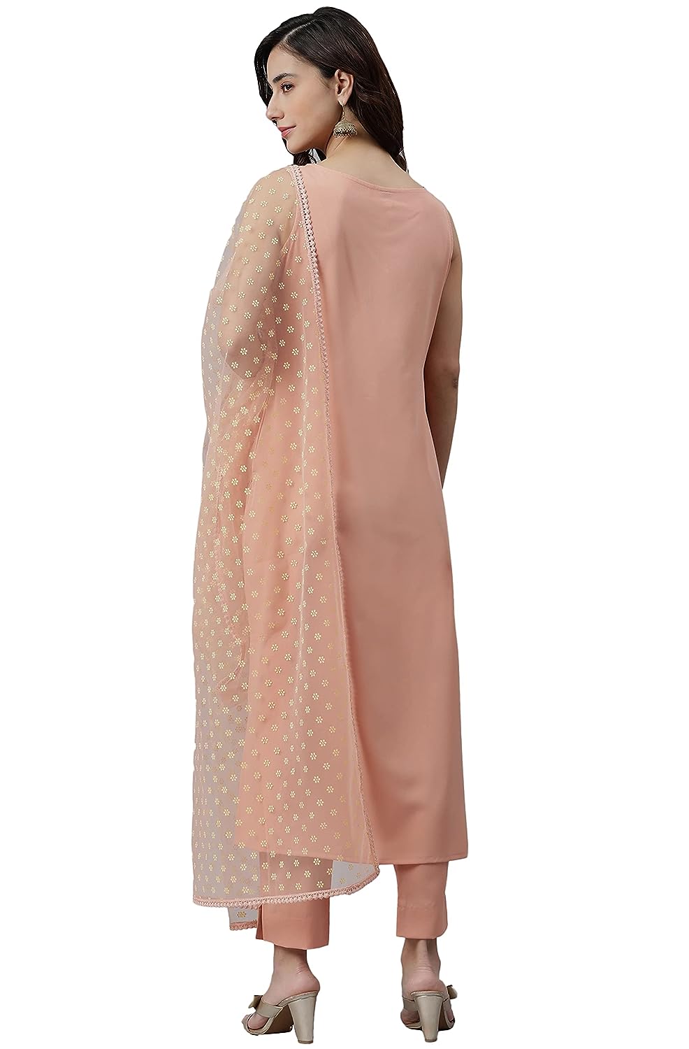 Janasya Women's Peach Poly Crepe Solid Kurta with Pant and Dupatta