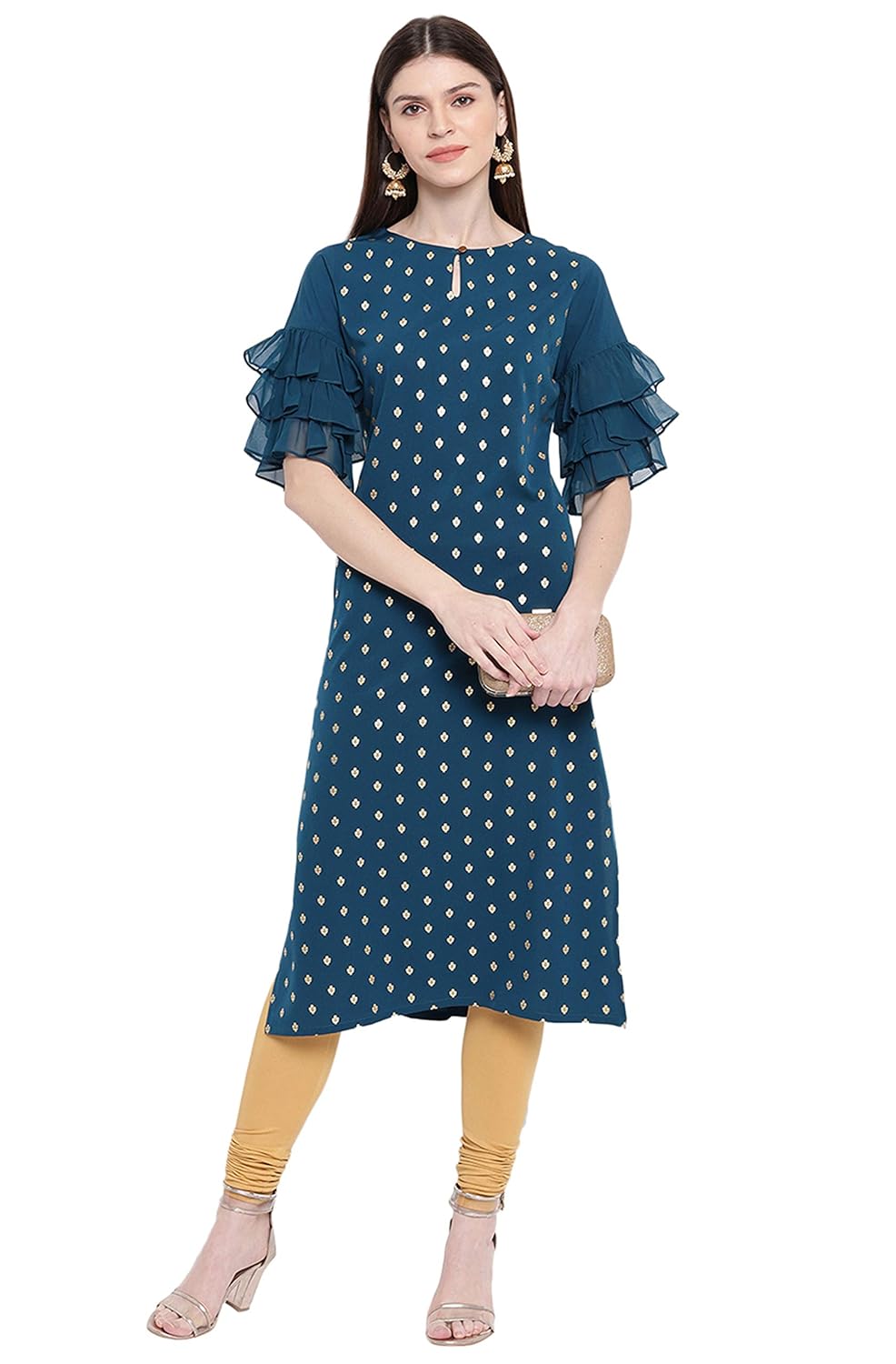Janasya Women's Teal Poly Crepe Gold Print Straight Kurta