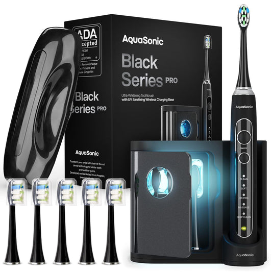 Aquasonic Black Series PRO Ð Ultra Whitening Toothbrush w UV Sanitizing Base Ð 5 Modes & Smart Timers Ð Premium Travel Case Ð Power Toothbrush Ð ADA Approved Toothbrush