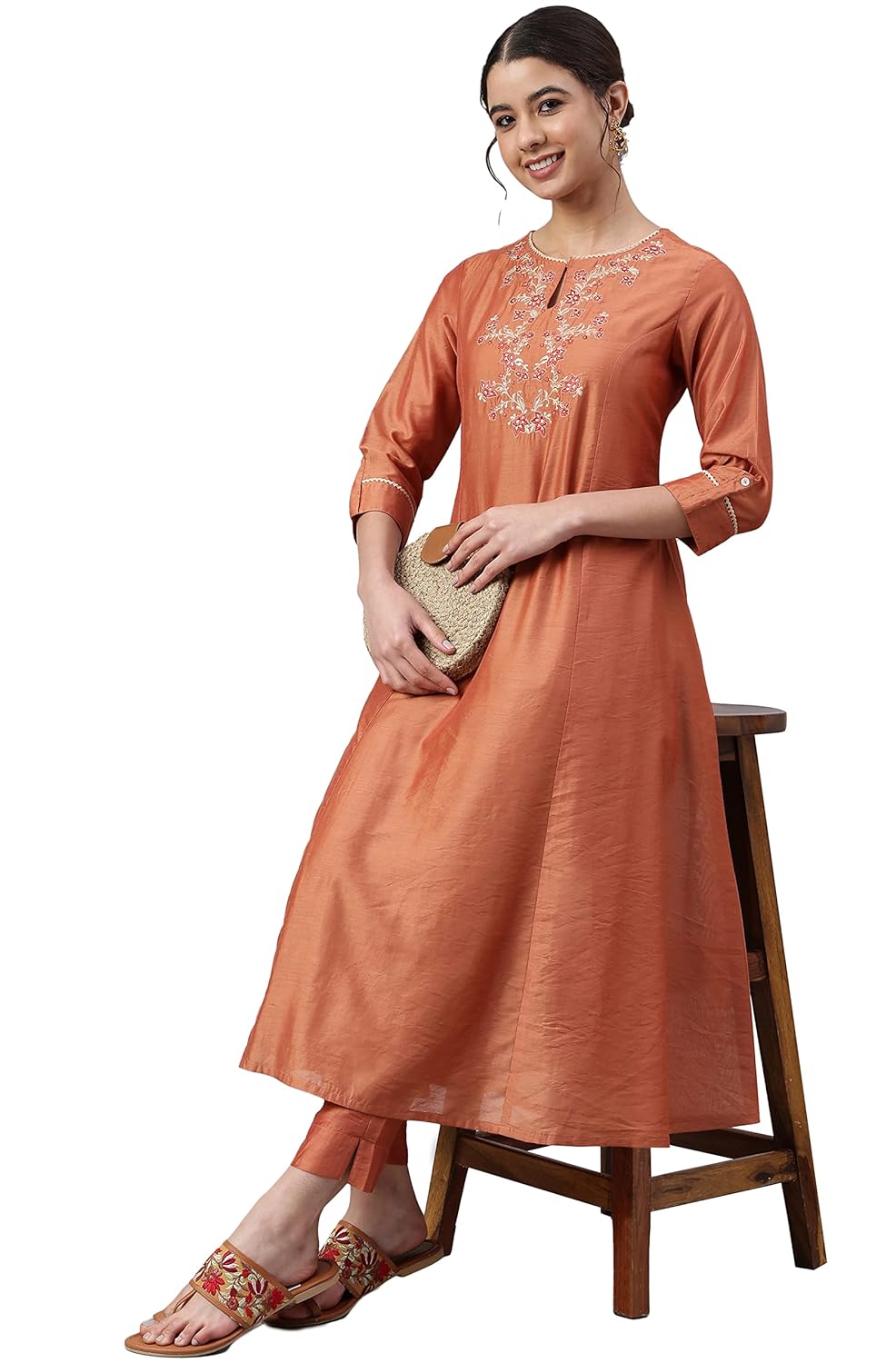 Janasya Women's Rust Orange Poly Silk Embroidered Kurta with Pant