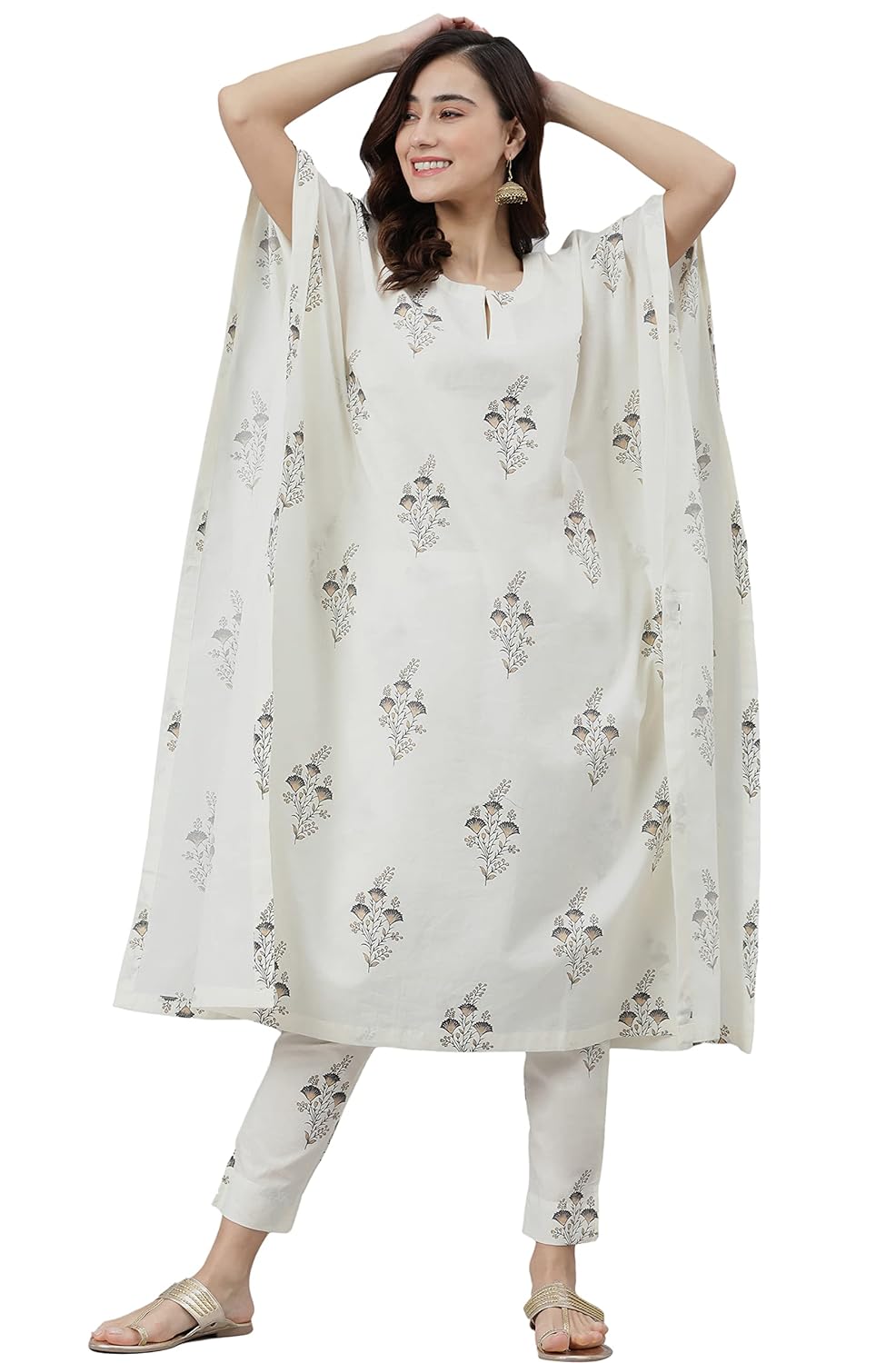 Janasya Women's Cream Cotton Kaftan With Pant