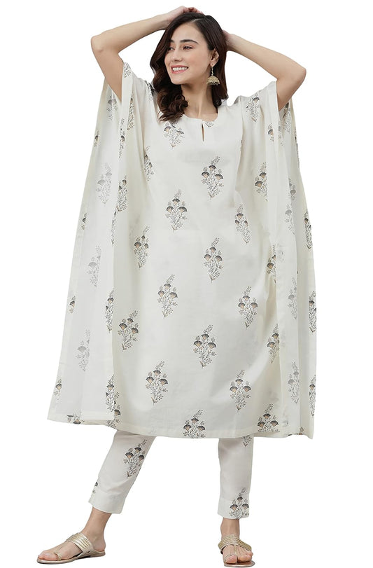 Janasya Women's Cream Cotton Kaftan With Pant