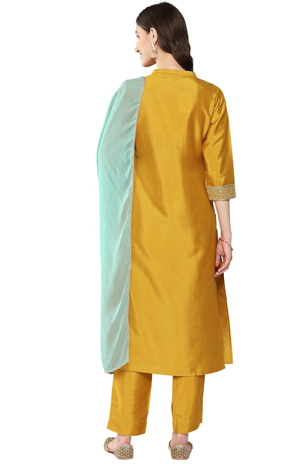 Janasya Women's Mustard Crepe Silk Embroidered Kurta with Pant and Dupatta
