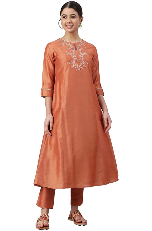 Janasya Women's Rust Orange Poly Silk Embroidered Kurta with Pant