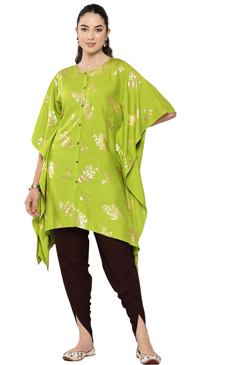 Janasya Women's Lime Green Rayon Foil Printed Kaftan Kaftan Kurta with Tulip Pant