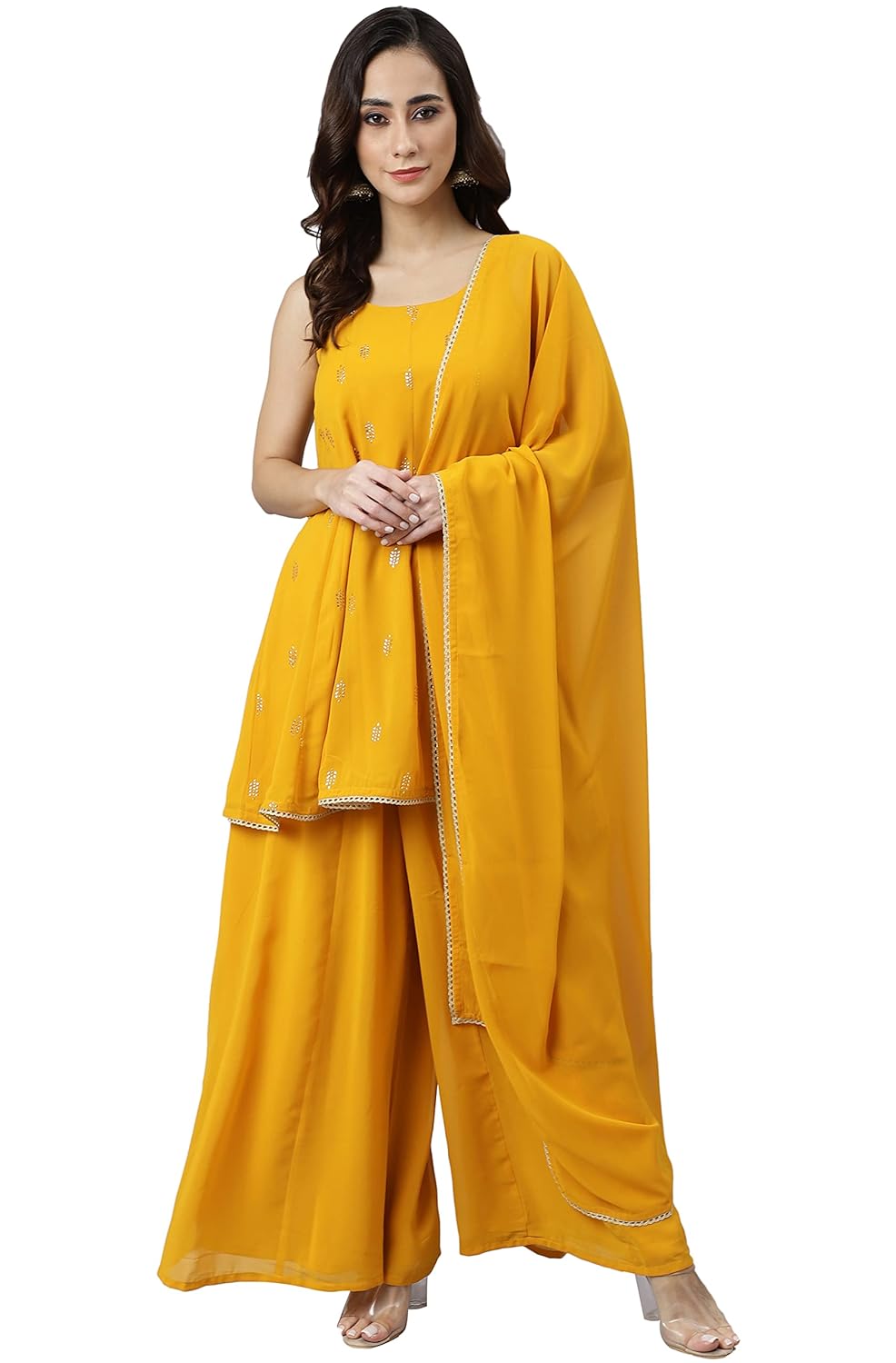 Janasya Women's Mustard Georgette Embossed Gold Print Kurta with Sharara and Dupatta