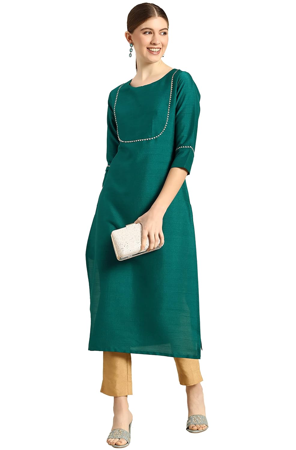 Janasya Women's Green Poly Silk Solid Kurta with Pant