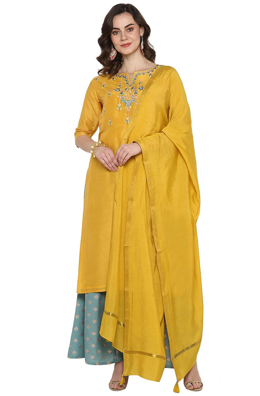 Janasya Women's Yellow Poly Muslin Kurta With Palazzo and Dupatta