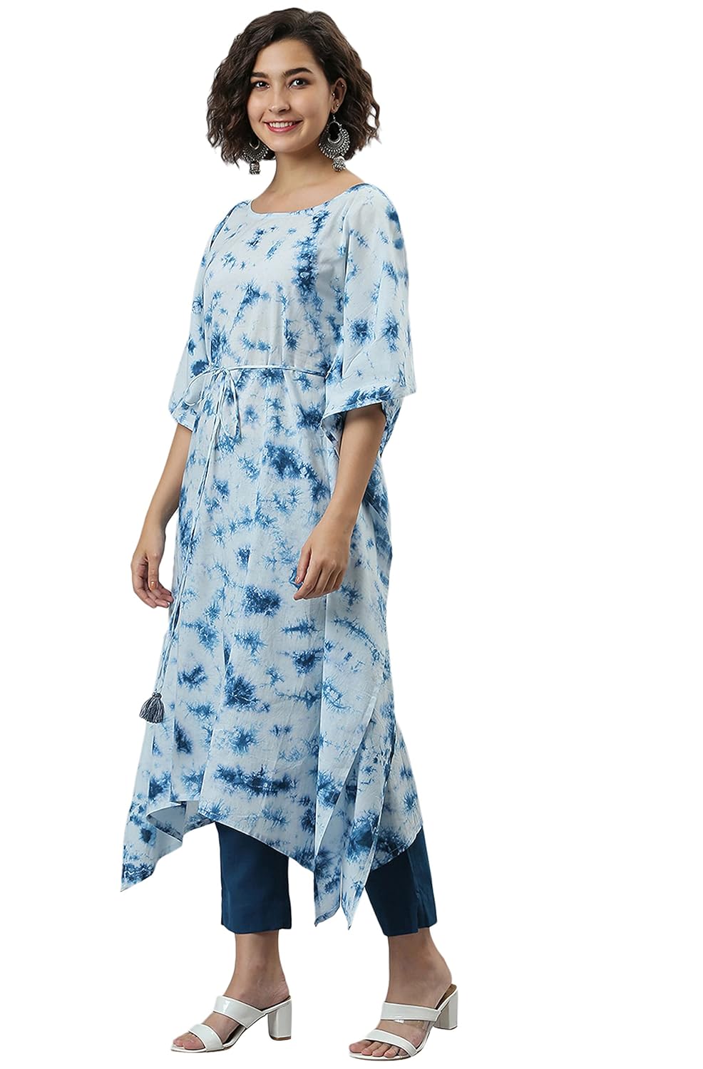 Janasya Women's Sky Blue Cotton Tie-Dye Kaftan Kurta