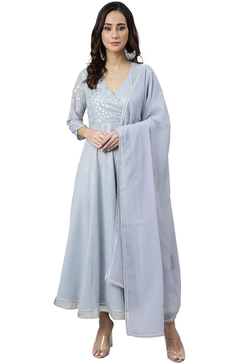 Janasya Women's Grey Georgette Foil Print Kurta with Dupatta