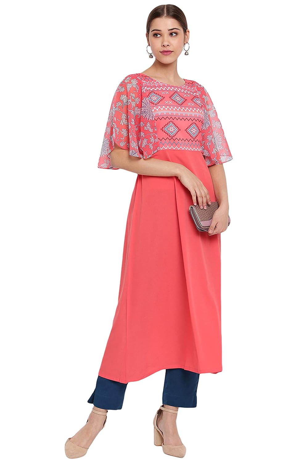 Janasya Women's Coral Poly Crepe Kurta