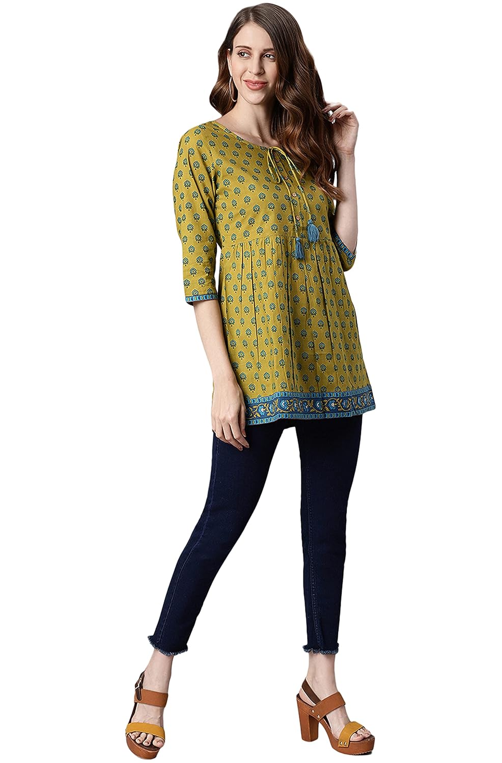 Janasya Women's Green Ethnic Motifs Cotton Tunic