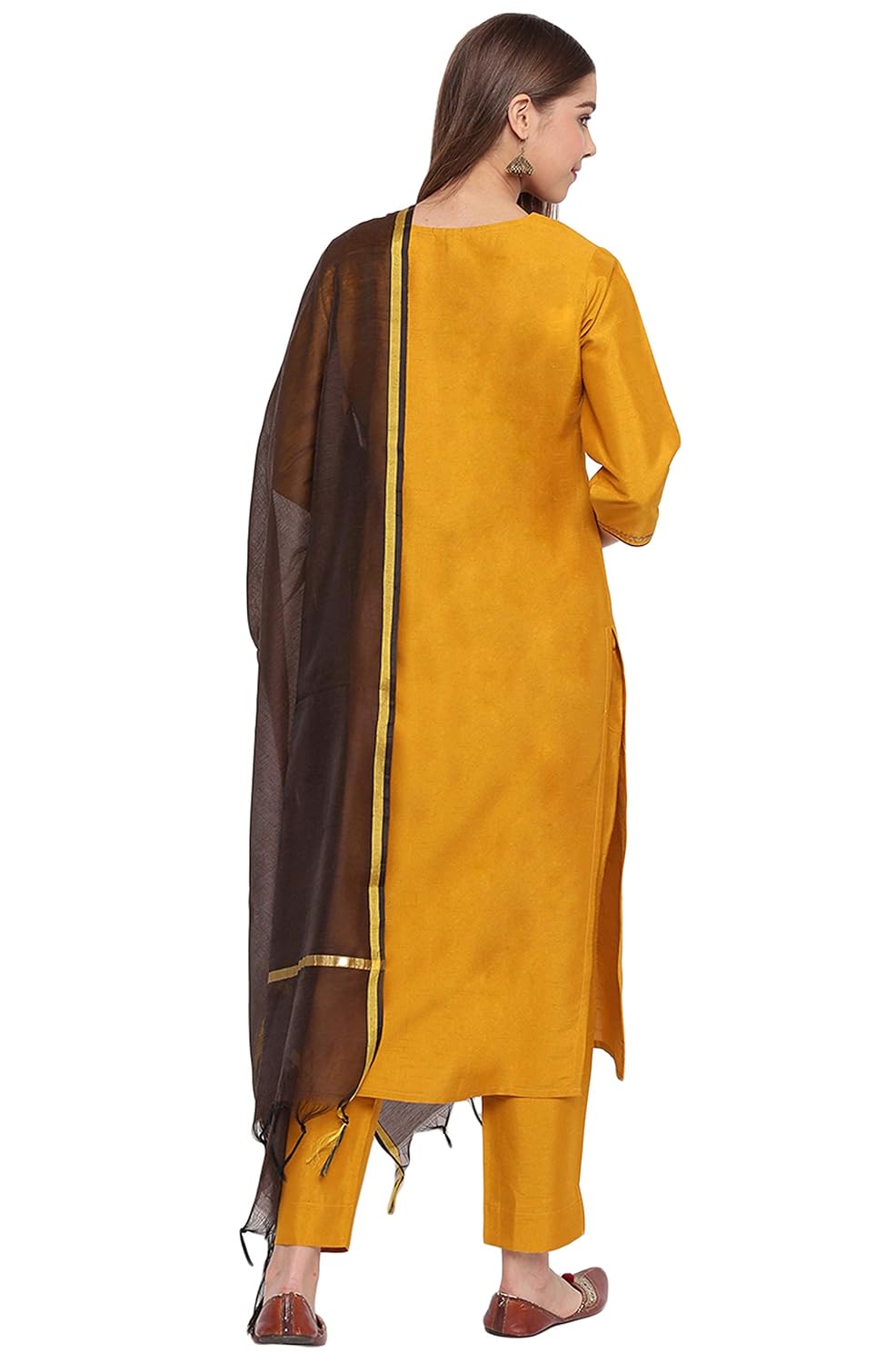 Janasya Women's Mustard Poly Silk Sequined Kurta with Pant and Dupatta