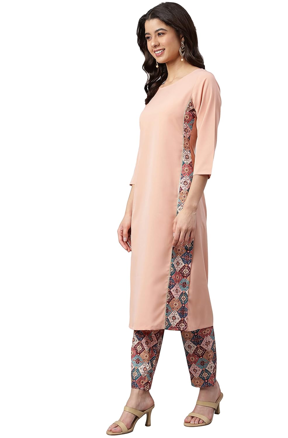 Janasya Women's Peach Crepe Solid Kurta with Pant