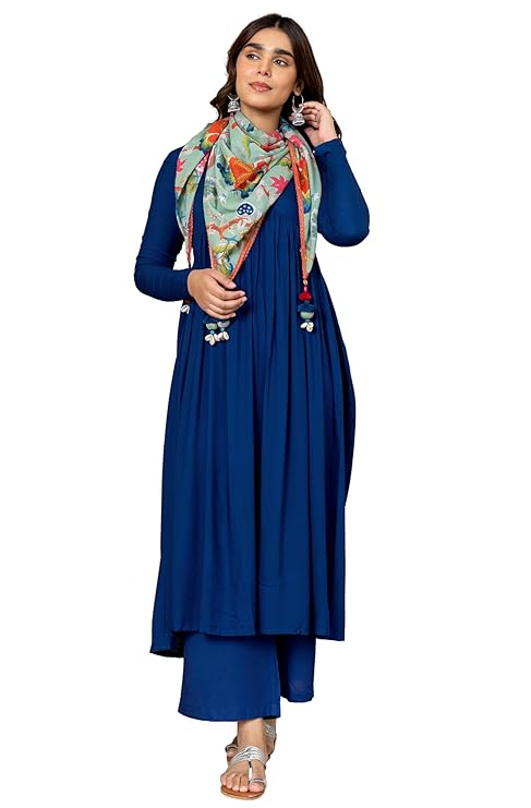 Janasya Women's Blue Rayon Solid Kurta with Palazzo and Scarf