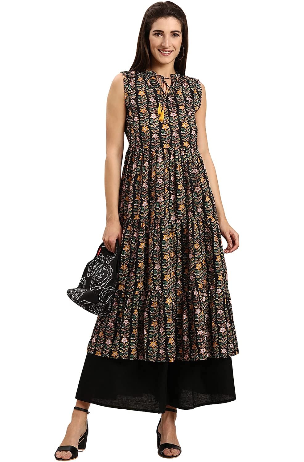 Janasya Women's Black Cotton Fit and Flare Tunic Kurta