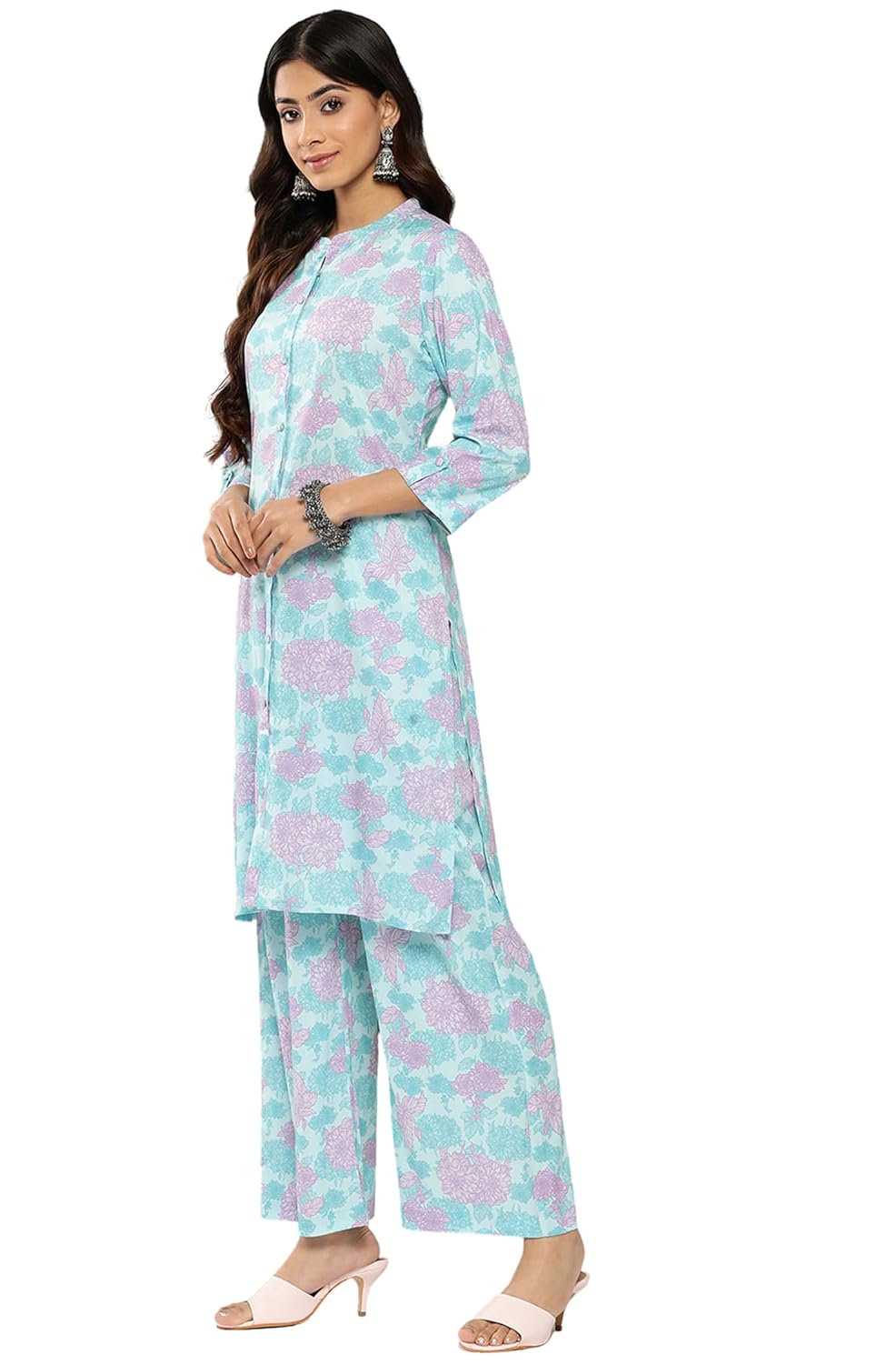 Janasya Women's Sky Blue Crepe Digital Printed Co-ords Set