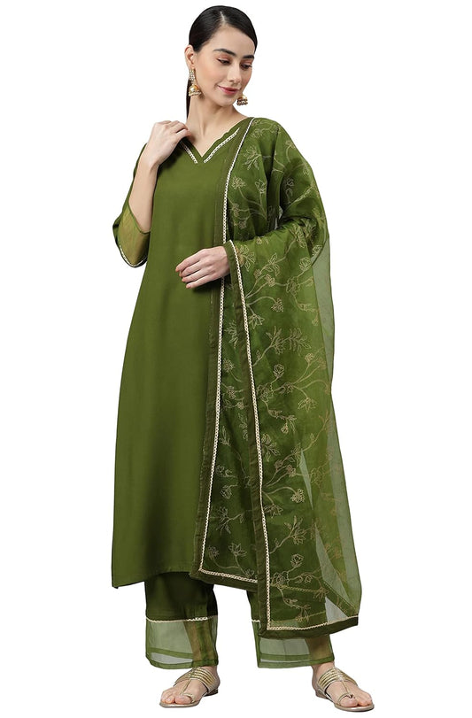 Janasya Women's Olive Green Rayon Solid Kurta with Palazzo and Dupatta