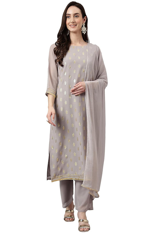Janasya Women's Grey Georgette Foil Print Kurta with Palazzo and Dupatta - XS
