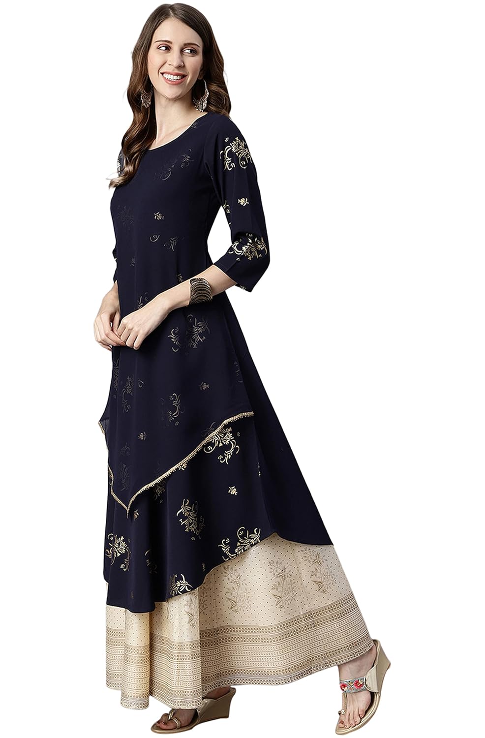 Janasya Women's Navy Blue Poly Crepe Floral Print Flared Kurta