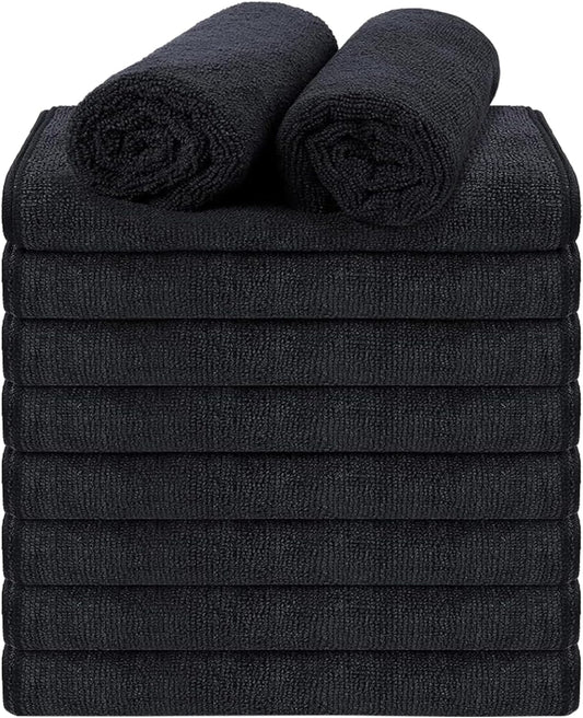 Puomue 10 Pack Black Salon Towels, Super Soft and Absorbent Microfiber Hair Towel for Salon, Bath, Spa, Pool and Home, 27 inch X 16 inch
