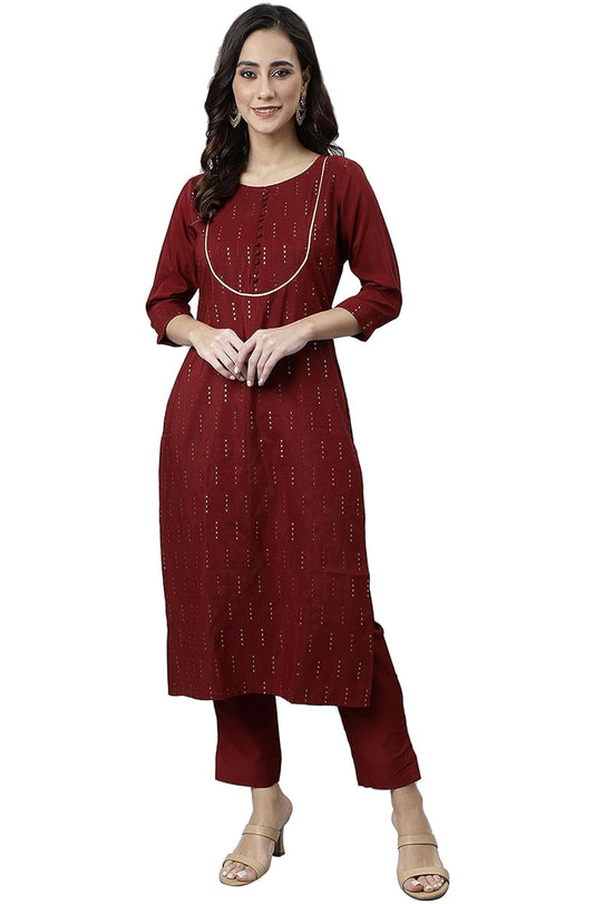 Janasya Women's Maroon Poly Silk Sequined Kurta with Pant