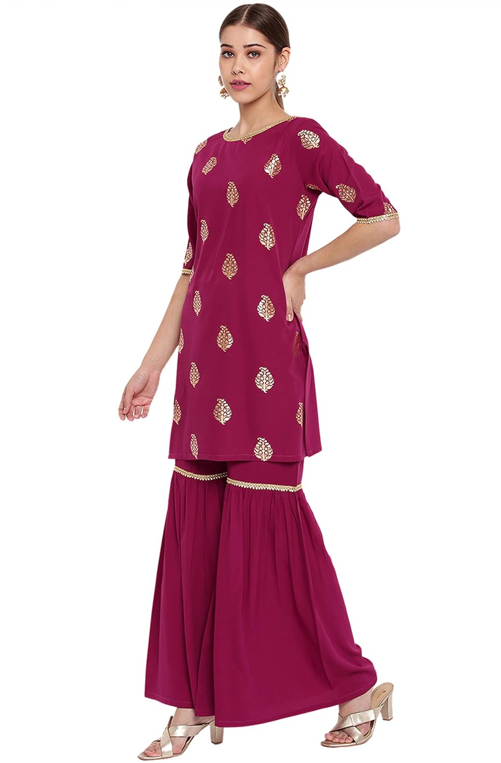 Janasya Women's Dark Green Poly Crepe Gold Print Kurti with Sharara and Dupatta