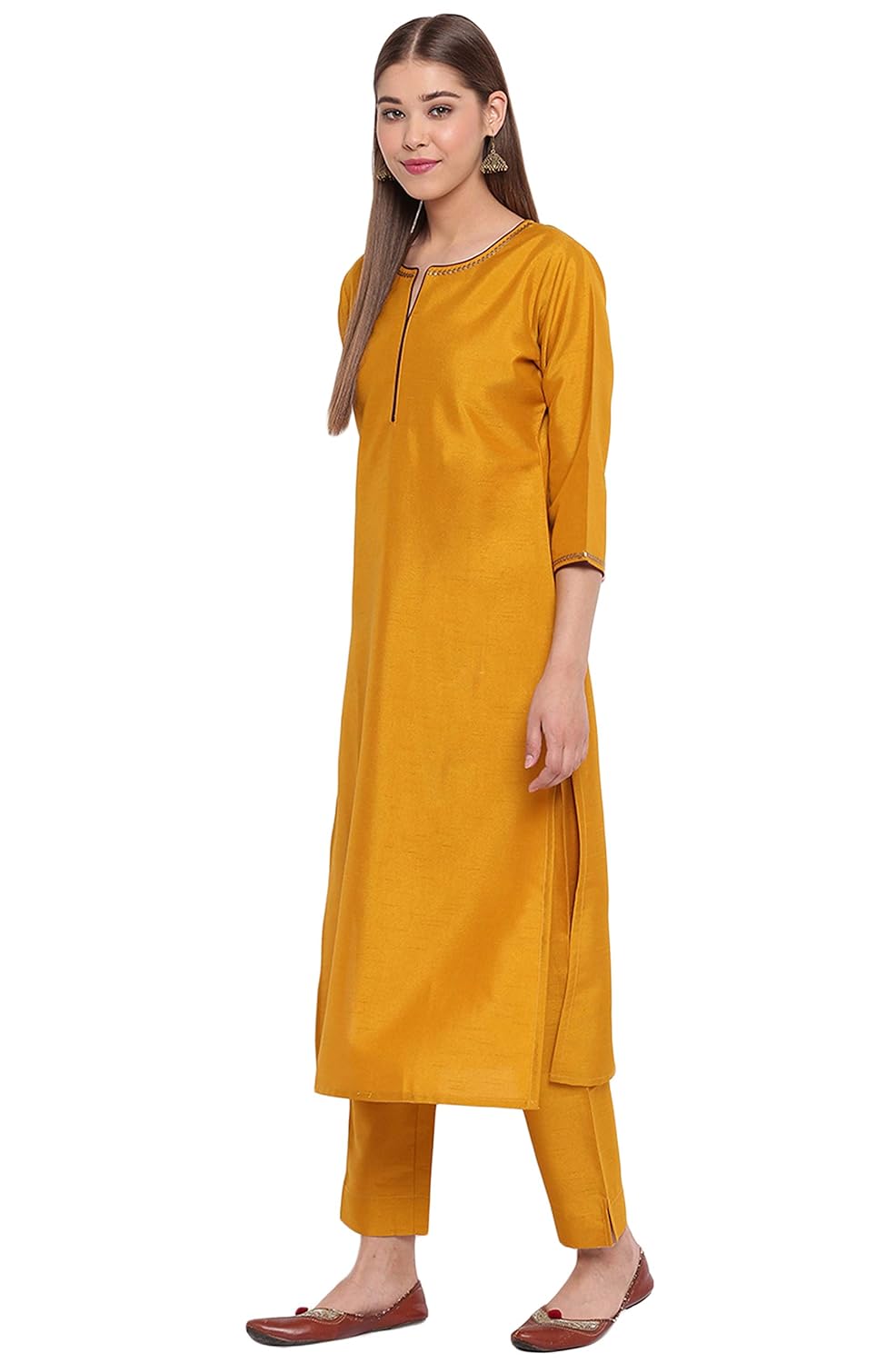 Janasya Women's Mustard Poly Silk Sequined Kurta with Pant and Dupatta