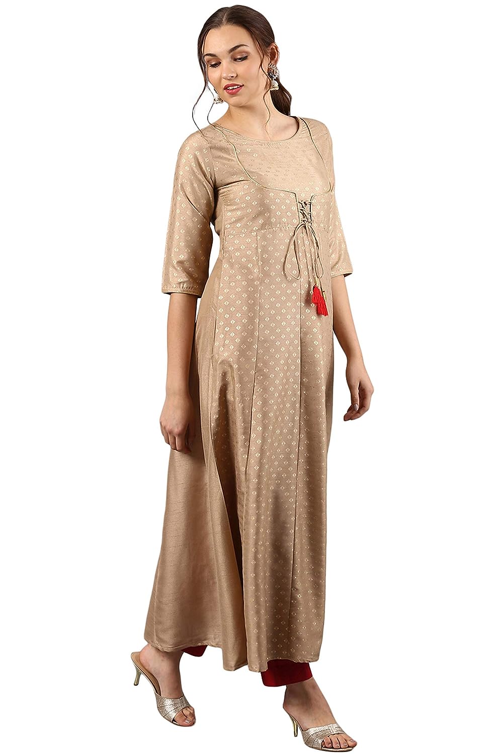 Janasya Women's Poly Silk Anarkali Kurta Beige