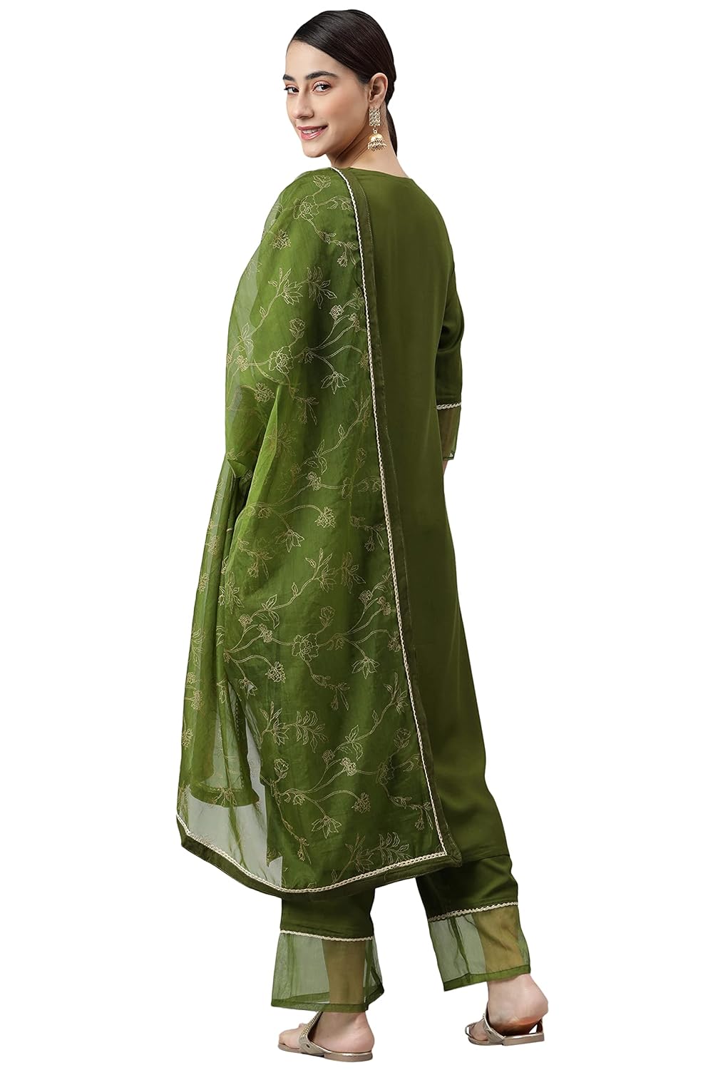 Janasya Women's Olive Green Rayon Solid Kurta with Palazzo and Dupatta