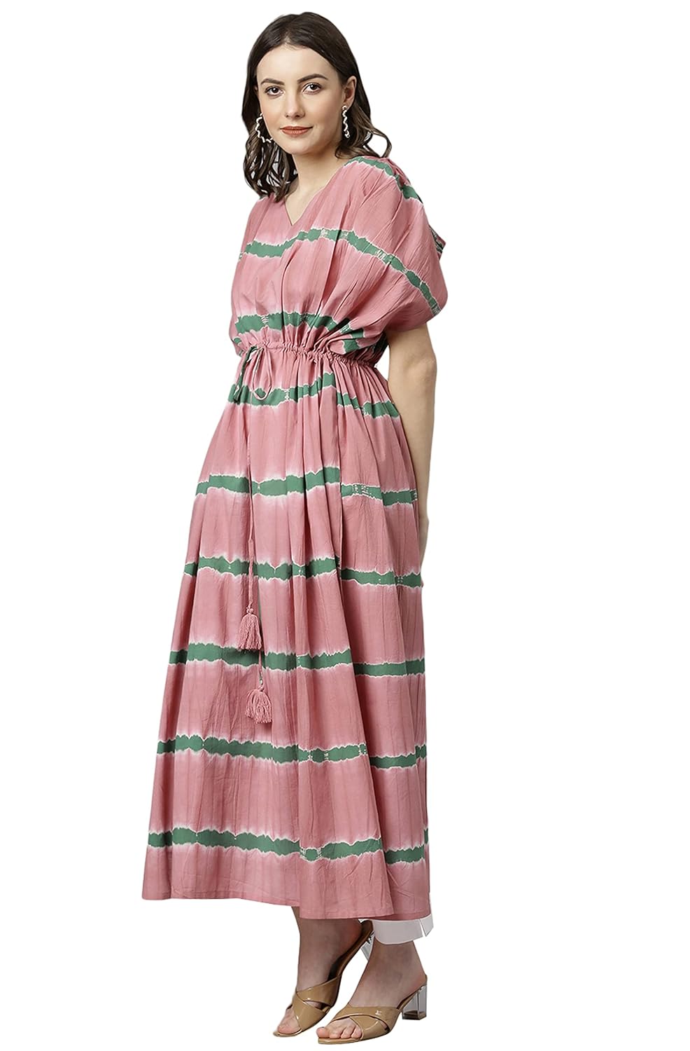 Janasya Women's Pink Cotton Kaftan