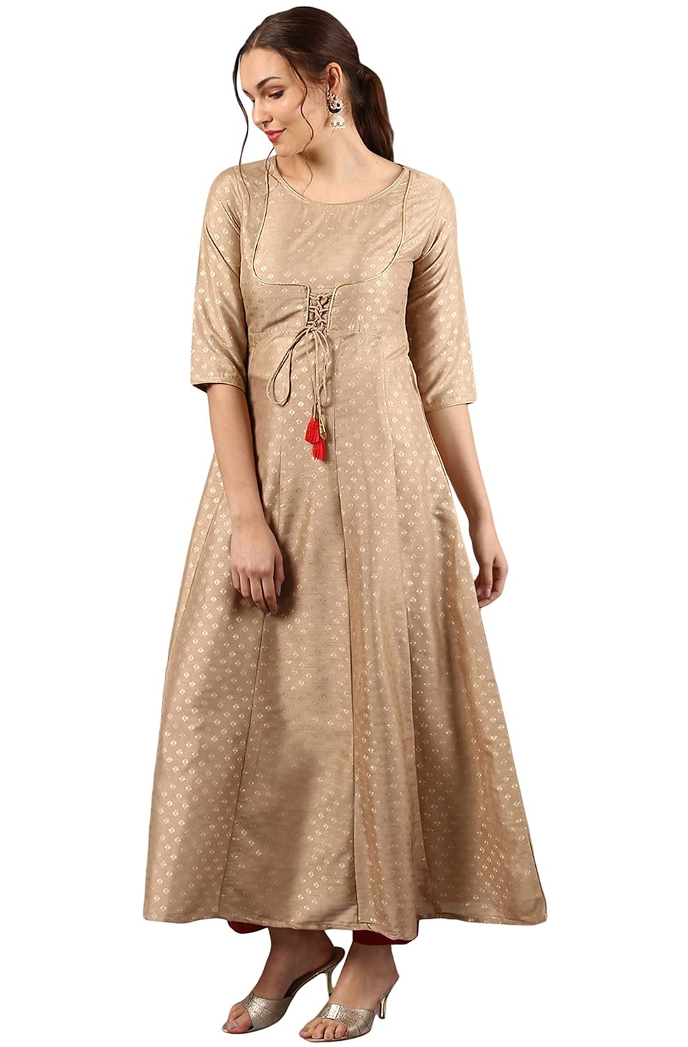 Janasya Women's Poly Silk Anarkali Kurta Beige