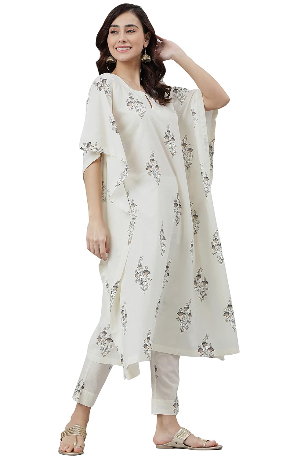 Janasya Women's Cream Cotton Kaftan With Pant