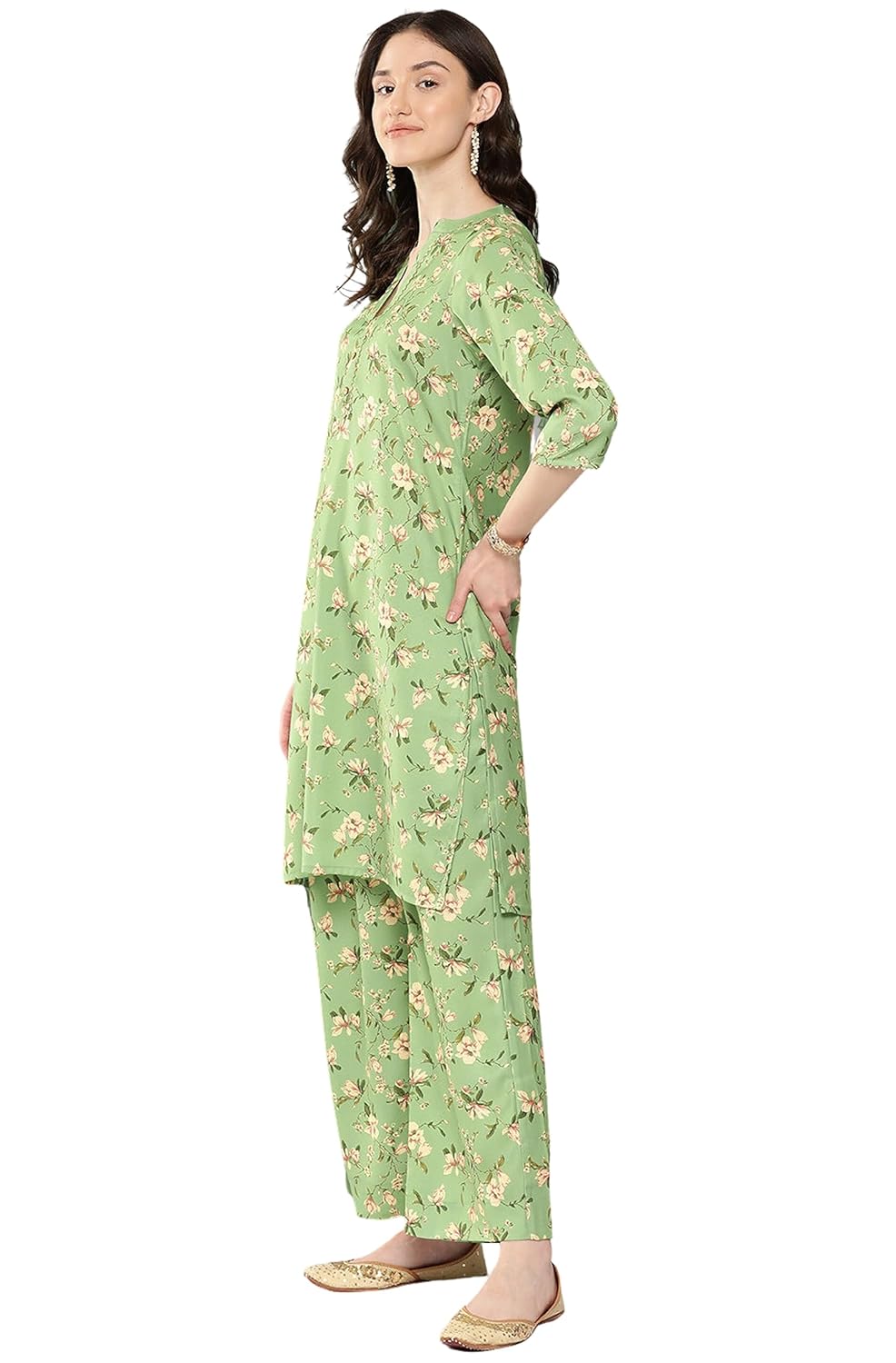 Janasya Women's Green Moss Digital Floral Printed Co-ords Set