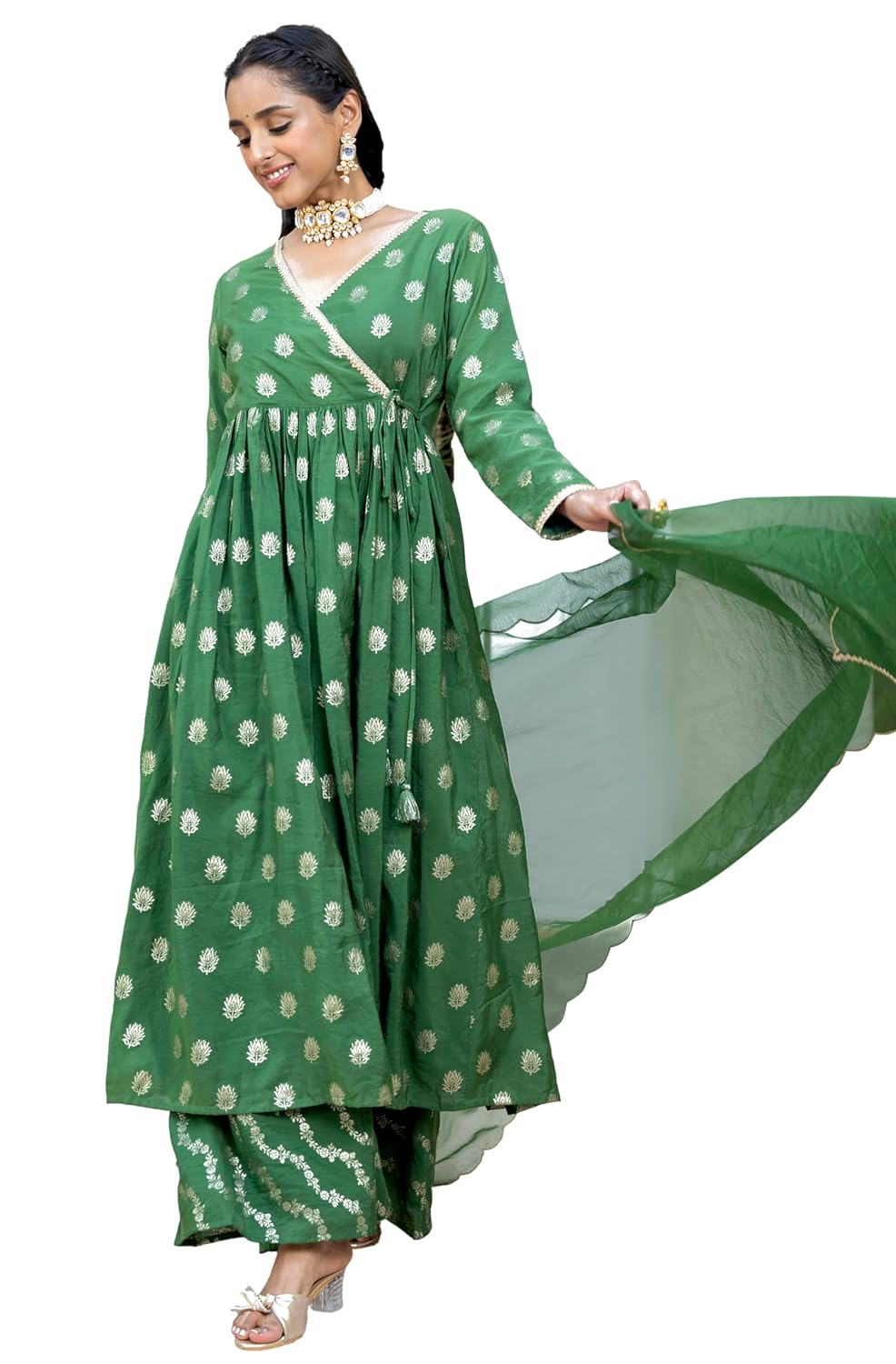 Janasya Women's Green Brocade Woven Design Kurta with Palazzo and Dupatta