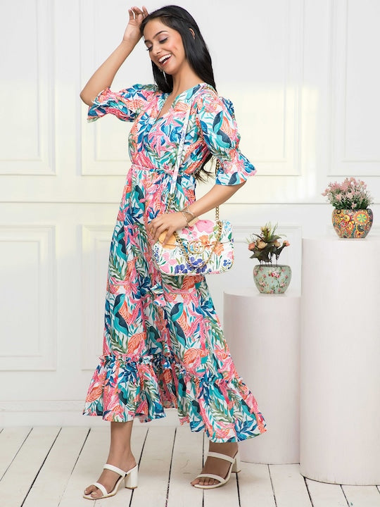 Myshka Tropical Printed V-Neck Wrap Dress